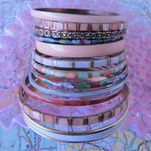 natural BANGLE stacking set pink coral shell inlay boho gypsy